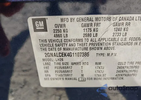 2016 Chevrolet Equinox Lt из США, поврежденный, VIN 2GNALCEK4G1107386